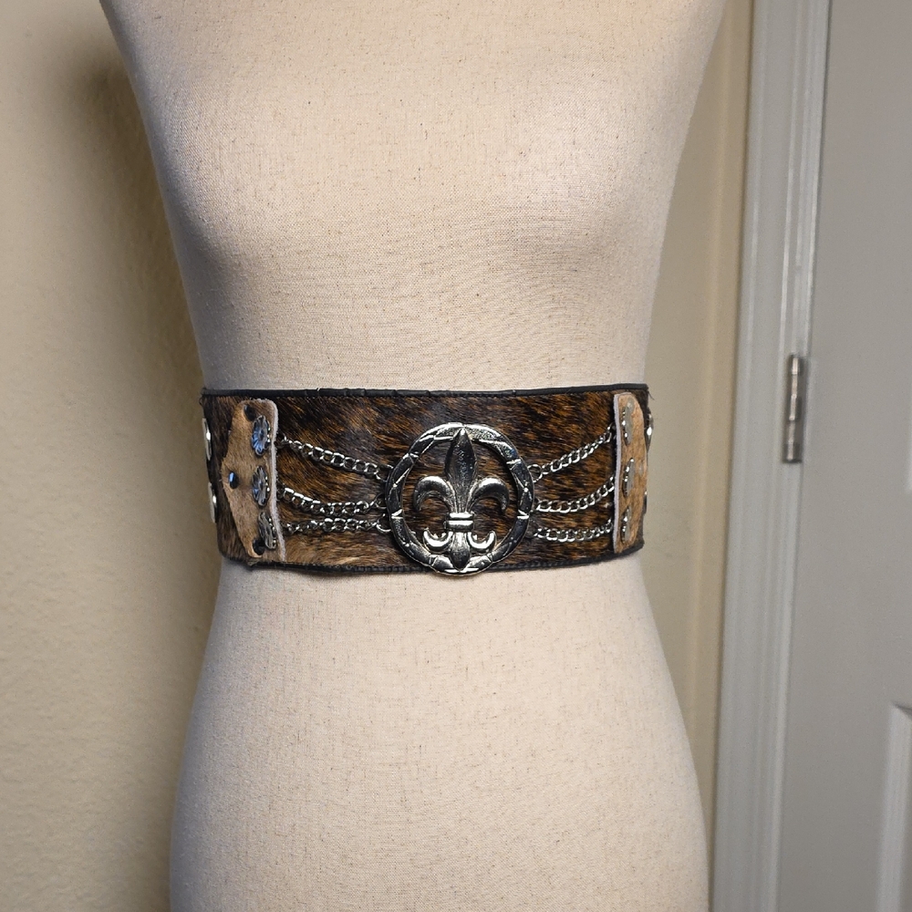 Vintage Cowhide Wide Belt with Fleur-de-Lis and Silver Coins, Flowers Pony Hair